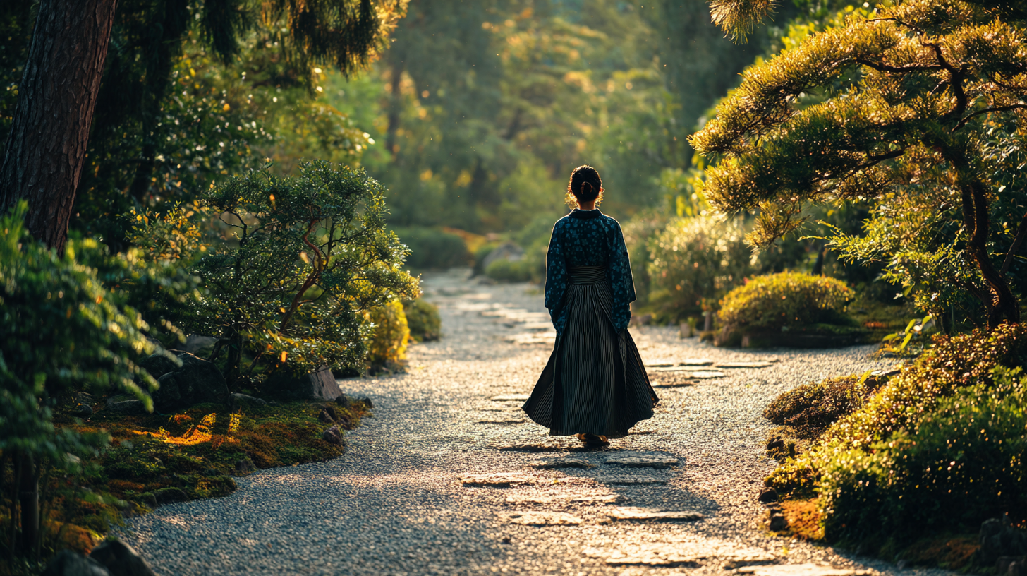 木々の隙間から光芒が差し込む石畳の小径を、自然素材の服を着た女性が静かに歩く後ろ姿。フィルム調の暖色系カラーグレーディングで、美しくぼけた背景