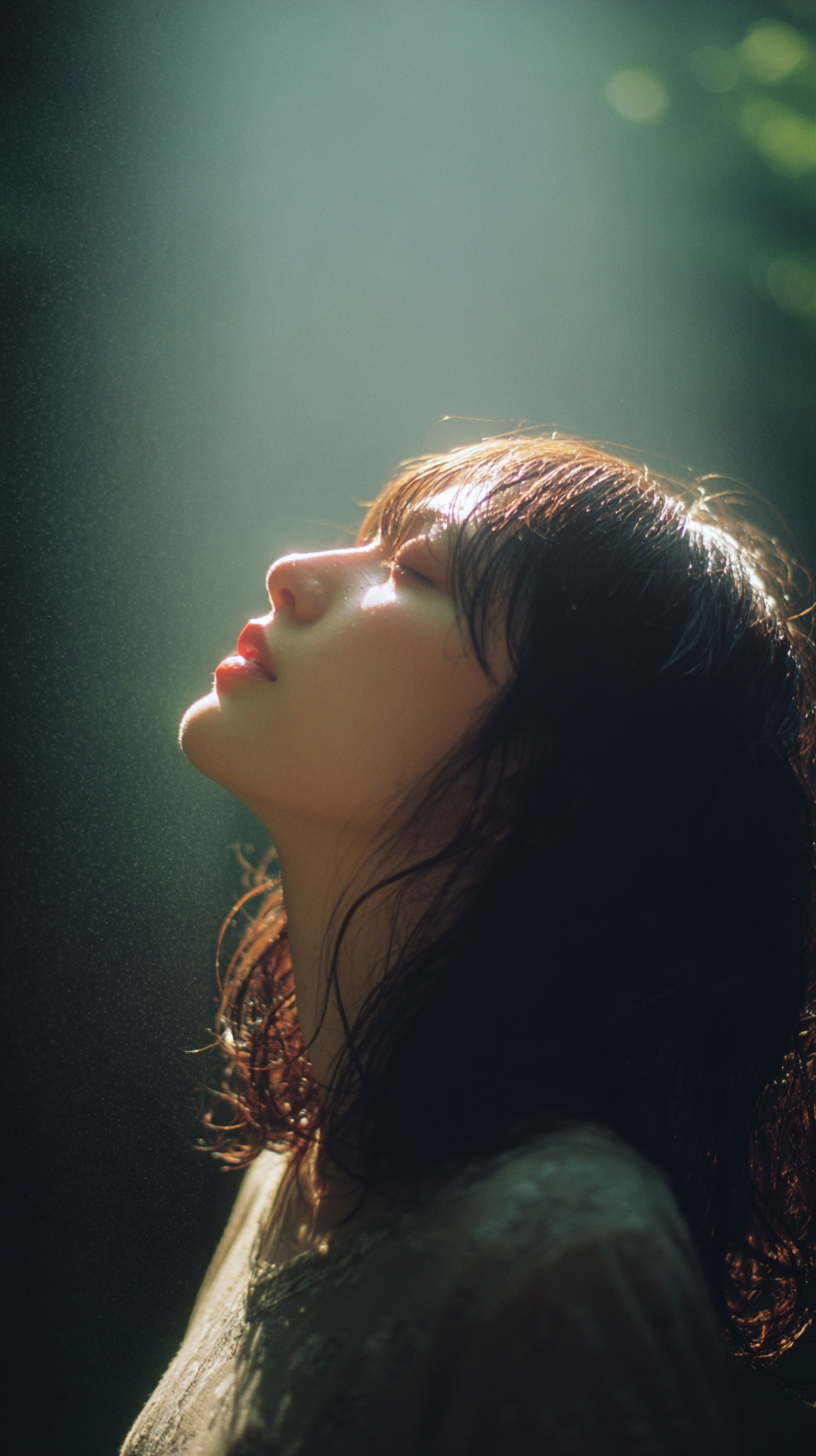 光芒に包まれ空を見上げる女性の横顔。内なる光と外なる光が響き合う、深い内省の瞬間