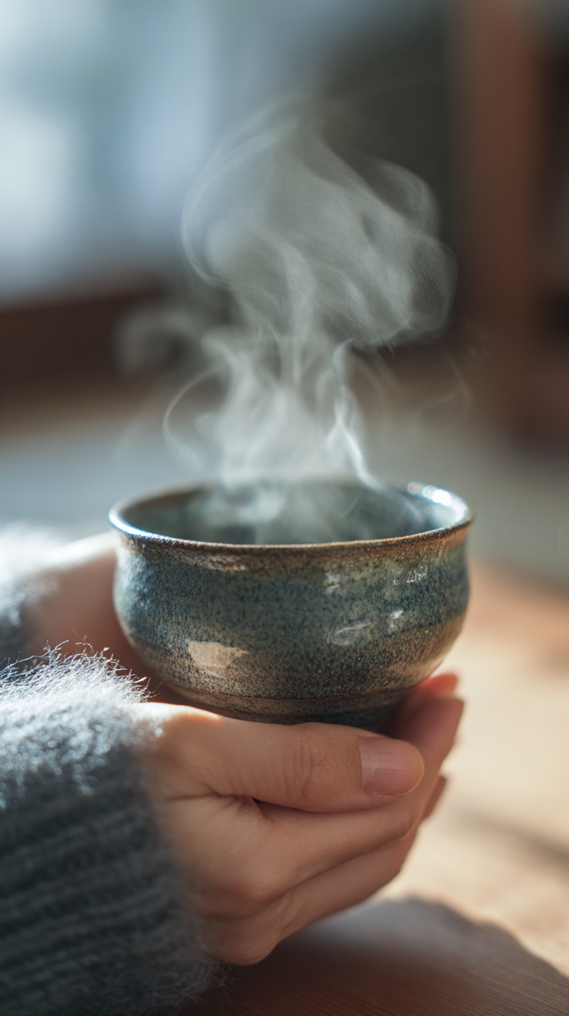 湯気が立ち上る陶器の茶碗を両手で包む。温もりと静寂が交差する、心を落ち着ける瞬間