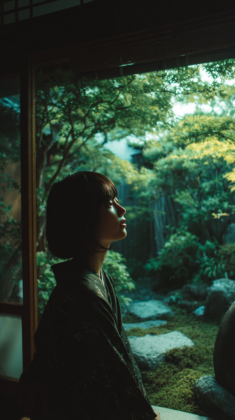 縁側から庭を眺める女性の横顔。フィルム調の暖かい光に包まれ、自然との調和を感じる静寂な瞬間